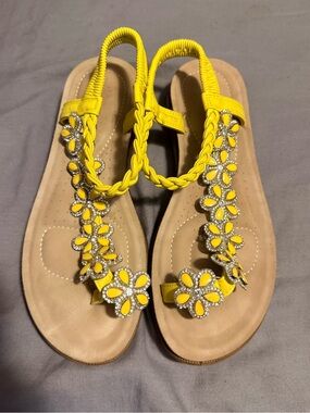 Annie Yellow Floral Braided T-Strap Sandals